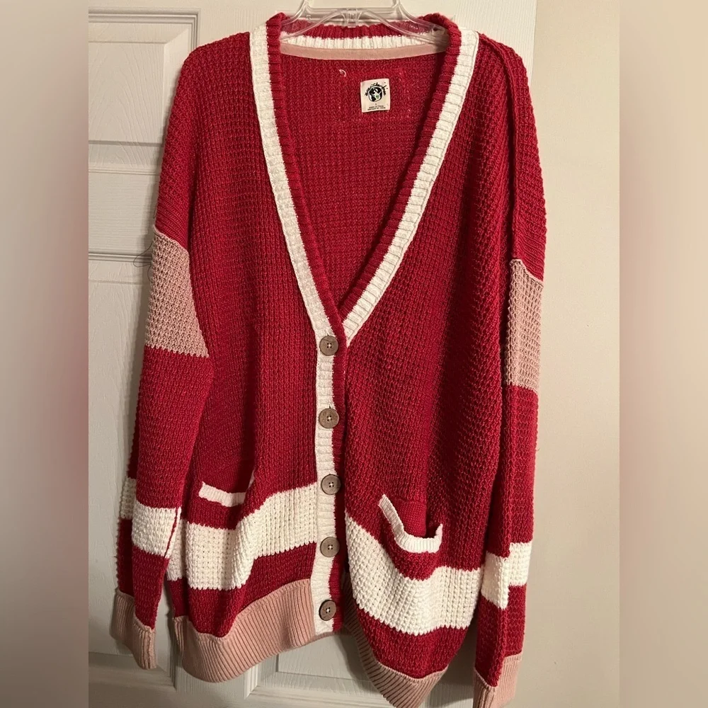 Free People Women's Red Cream Chelsea Front Pocket Cardigan NWOT L #2001